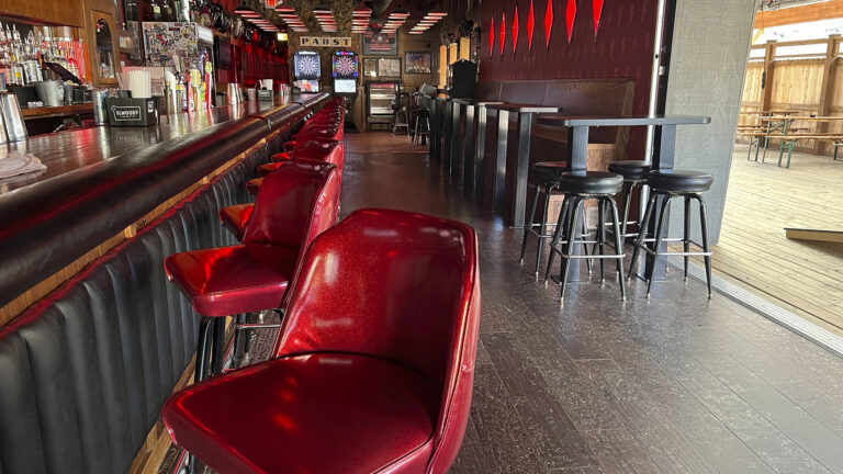 A long row of upholstered armless chairs is arrayed along the face of a bar with a padded face and wood top, with bottles of liquors and other items on the bar and shelves behind it, with two dart board cabinets and other items on the back wall, as well as wood banquette seating and tables on the opposite wall next to an opening to an exterior space with wood flooring, walls and picnic tables.