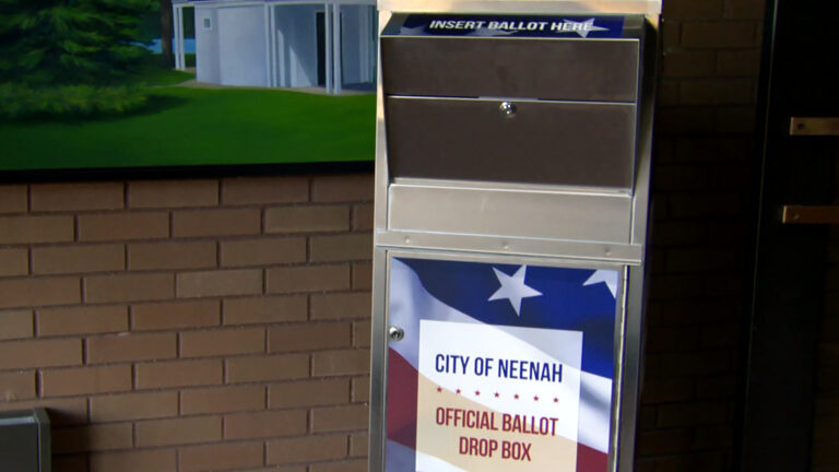 A metal box with a delivery slot at its top and a graphic of the U.S. flag with signs reading Insert Ballot Here, City of Neenah and Official Ballot Drop Box on its front stands in front of a brick wall with a painting.