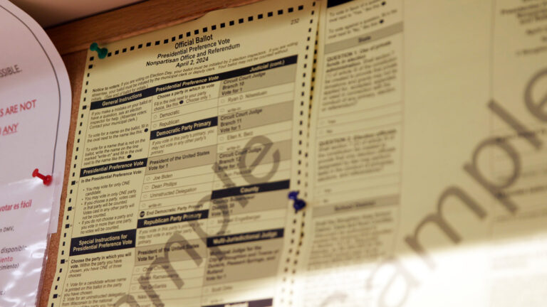 A sample ballot in Wisconsin's 2024 spring election and presidential primary is displayed at a polling place in Fort Atkinson on April 2, 2024. Election administration experts say the timing of President Joe Biden's exit from the presidential race makes it unlikely that any Republican ballot access challenges will succeed, with some calling the idea ridiculous and frivolous.( Credit PBS Wisconsin)