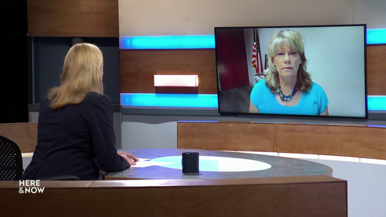 Frederica Freyberg sits at a desk on the Here & Now set and faces a video monitor showing an image of Mary Kardoskee.