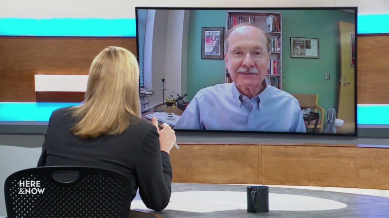 Frederica Freyberg sits at a desk on the Here & Now set and faces a video monitor showing an image of Mordecai Lee.