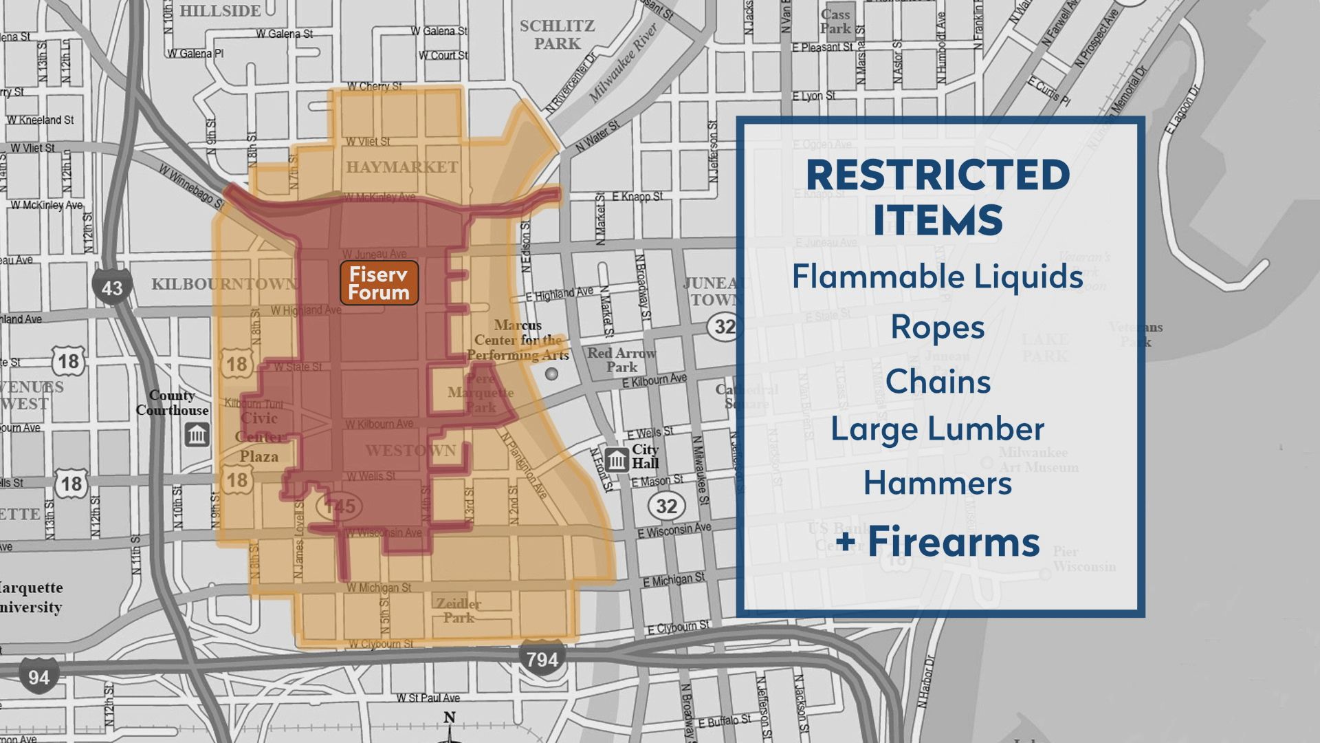 A map of central Milwaukee shows two color-coded areas that represent two layers of security zones surrounding a block with the label "Fiserv Forum," with a list showing restricted items, including flammable liquids, ropes, chains, large lumber and hammers, with firearms accompanied by a + sign to reflect its narrower restrictions.