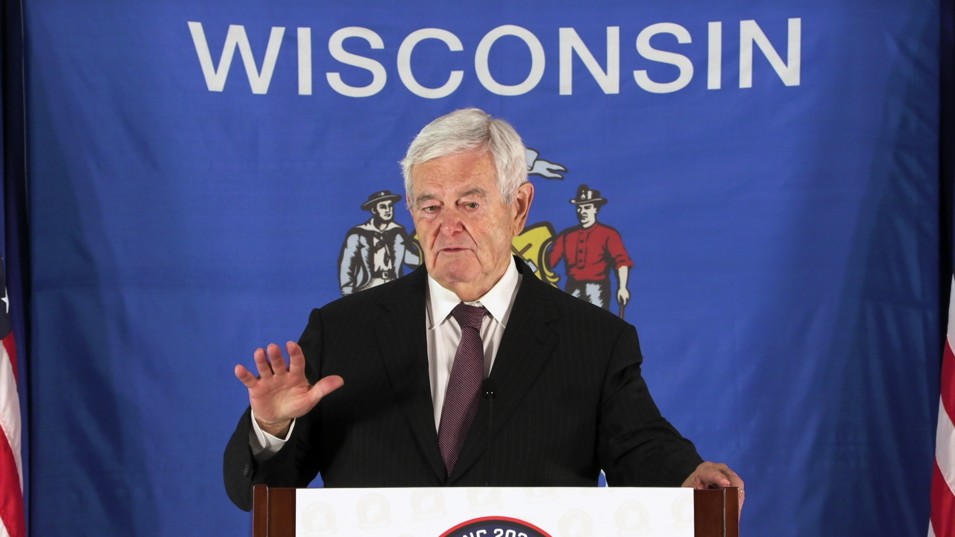 Newt Gingrich stands behind a microphone on a podium with a Wisconsin state flag hanging up in the background.