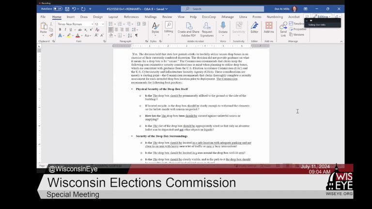 A video still image shows a shared Microsoft Word draft document being edited, with a video graphic at bottom including the text Wisconsin Elections Commission and Special Meeting.