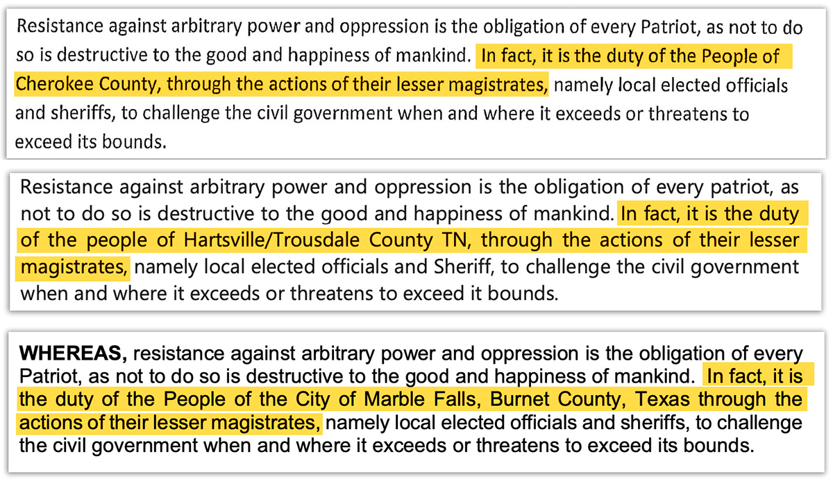 A composite image shows screenshots of text from three local government resolutions, with highlighted portions reading "In fact, it is the duty of the People of Cherokee County, through the actions of their lesser magistrates," "In fact, it is the duty of the People of Hartsville/Trousdale County TN, through the actions of their lesser magistrates," and "In fact, it is the duty of the People of the City of Marble Falls, Burnet County, Texas, through the actions of their lesser magistrates."