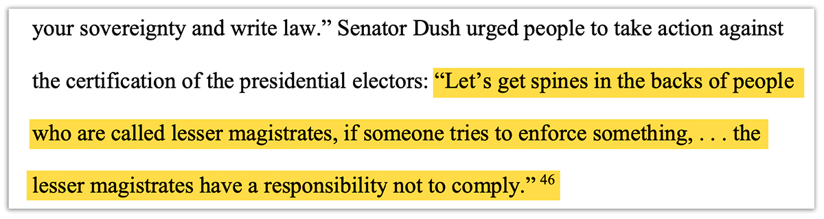 An image shows a screenshot of text quoting Cris Dush, with a highlighted portion reading, "Let's get spines in the backs of people who are called lesser magistrates, if someone tries to enforce something, ... the lesser magistrates have a responsibility not to comply."