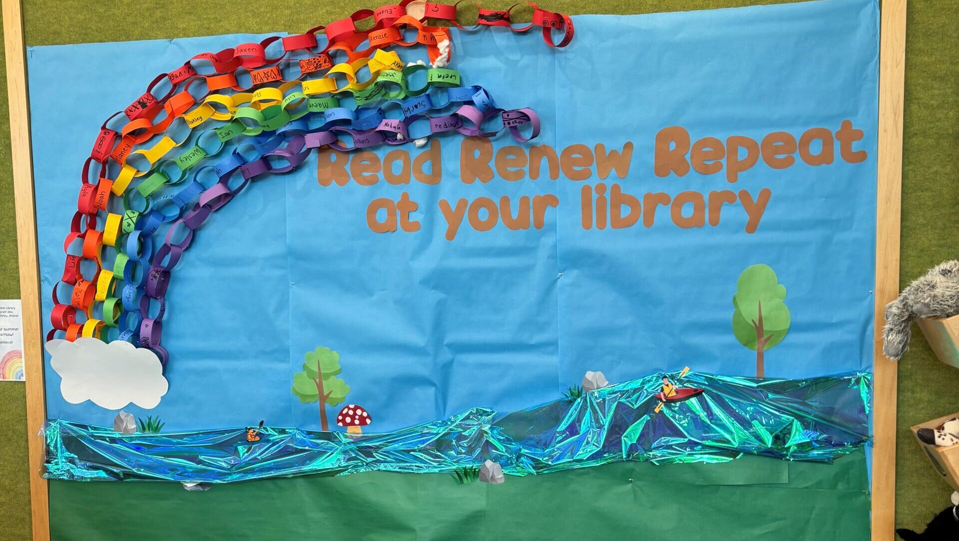 A display board at a library reads "Read Renew Repeat at your library".