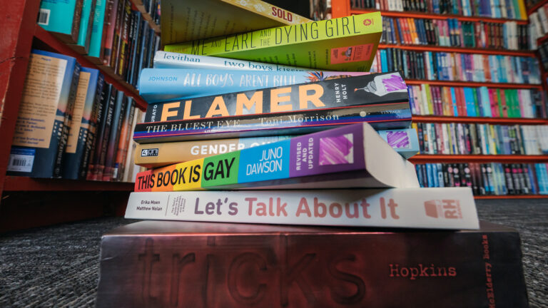 A stack of books with the titles, from bottom, of Tricks, Let's Talk About It, This Book Is Gay, Gender Queer, The Bluest Eye, Flamer, All Boys Aren't Blue, Two Boys Kissing, Me and Earl and the Dying Girl and Sold stands on a carpeted floor in a room with bookshelves in the background.