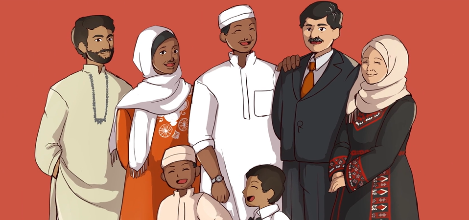 Illustration of a Muslim family smiling together.