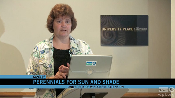 Lisa Johnson, Horticulture Educator, Dane County University of Wisconsin-Extension, lectures during a University Place presentation discussing the characteristics of perennials, winter hardiness, proper planting and watering, propagation and how to choose the right perennial for sunny and shady locations.