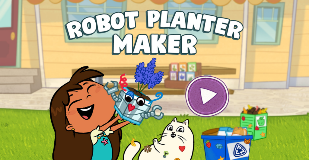 Screenshot from the Robot Planter Maker digital game with illustration of Rosie and her cat.