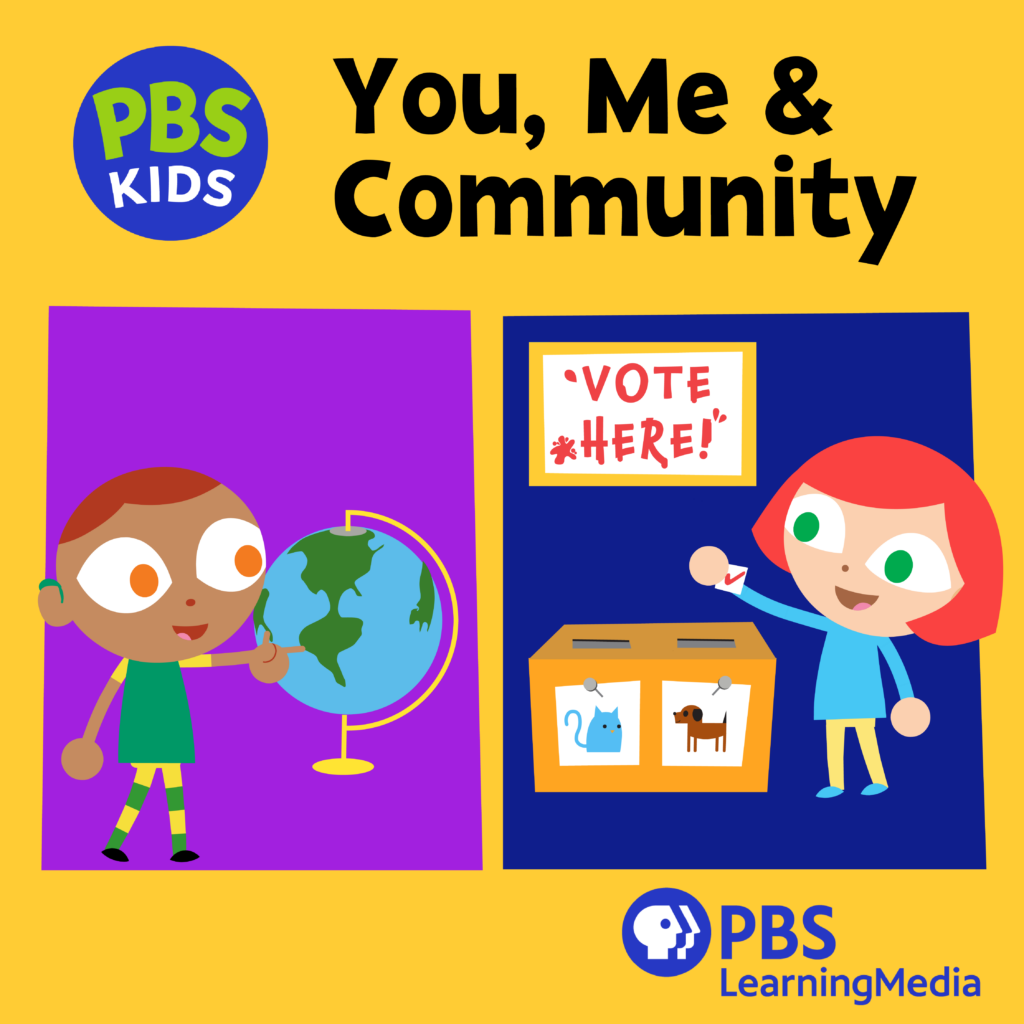 PBS KIDS You, Me and Community illustration with a child looking at a globe and a child casting a vote in a ballot box.