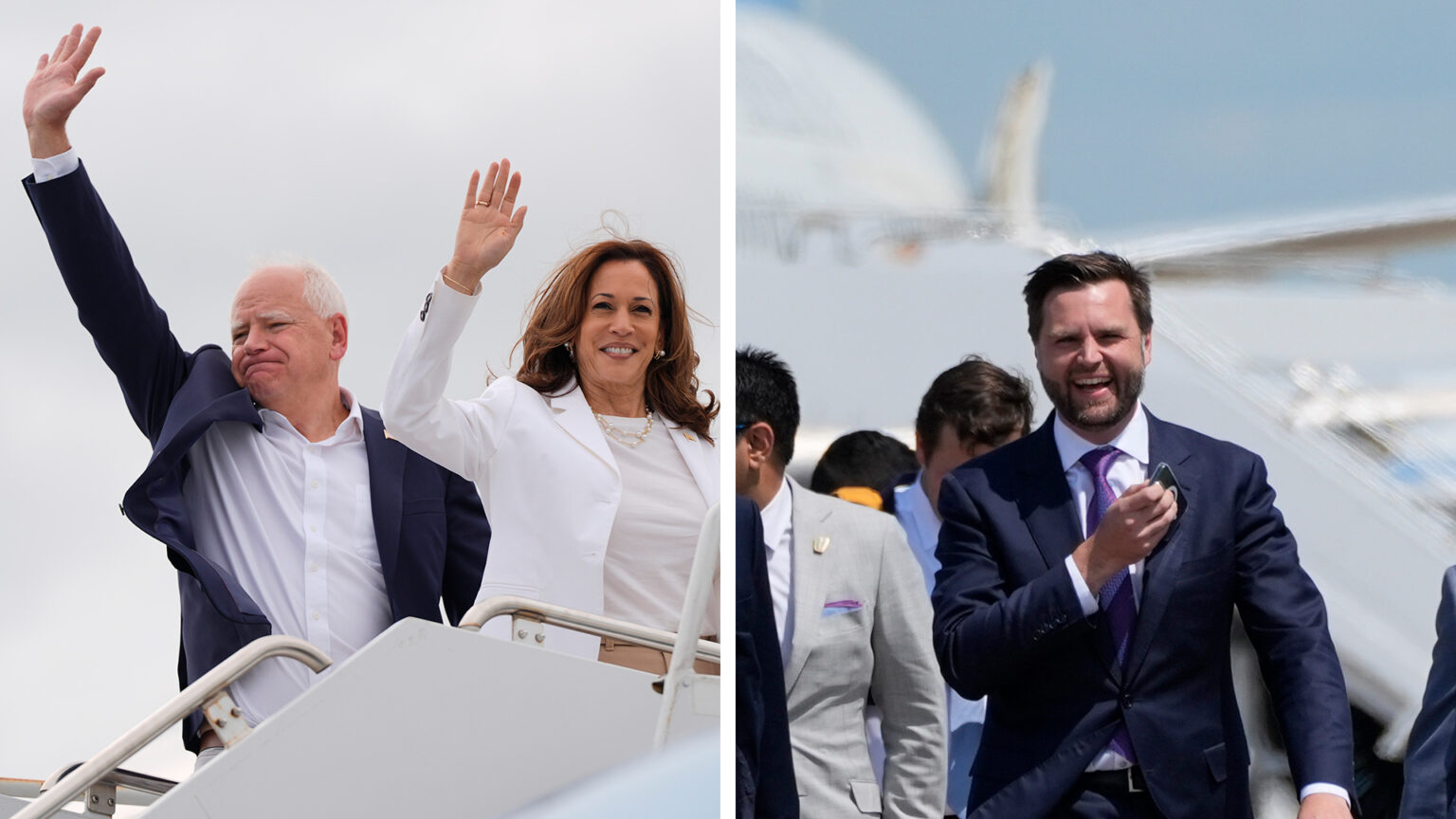 Two side-by-side photos show Tim Walz and Kamala Harris waving with their right hands while standing at the top of an airstair, as well as JD Vance holding a mobile phone in his right hand while walking with other people away from an out-of-focus airplane.