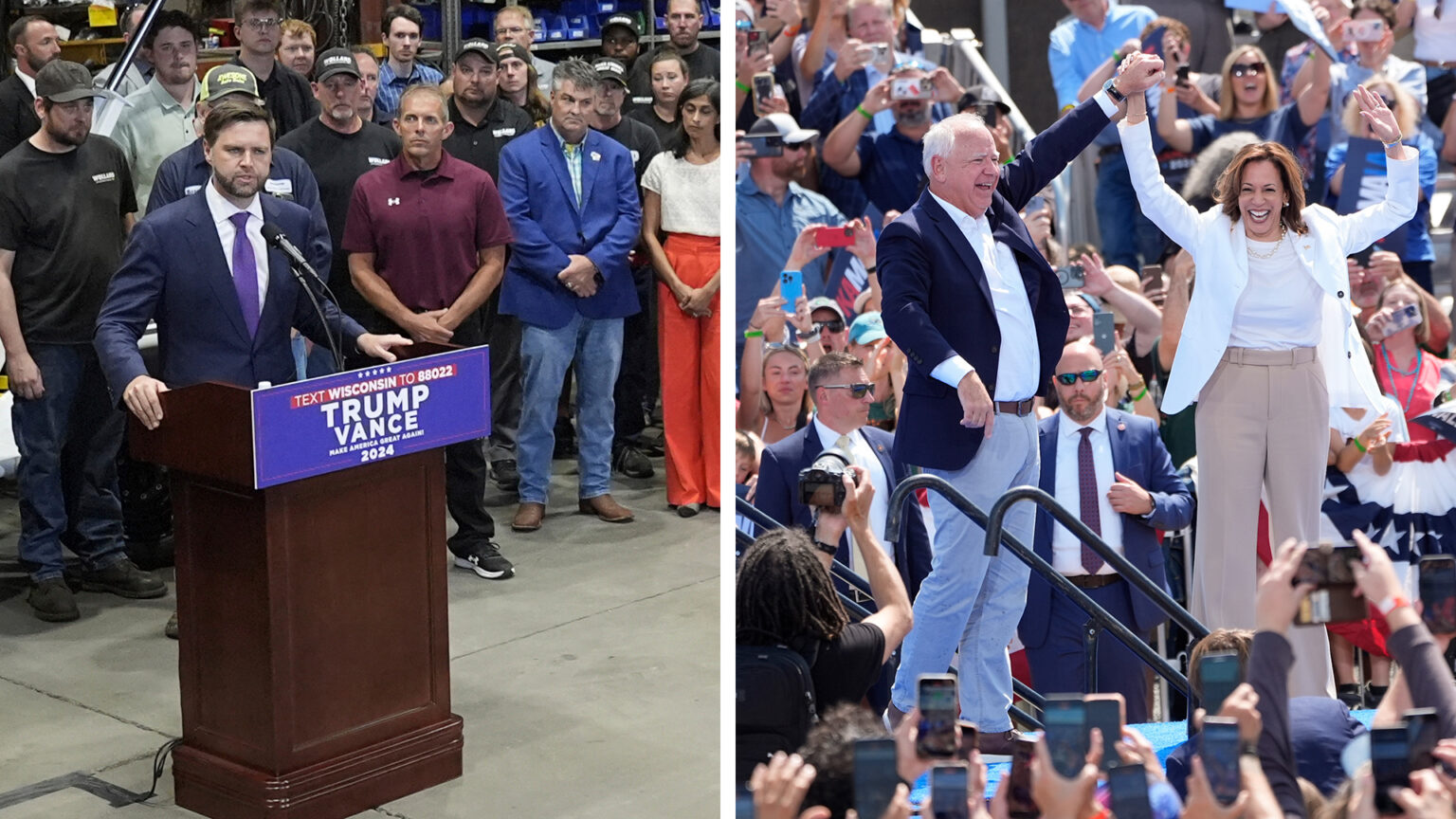 Two side-by-side photos show JD Vance speaking into a microphone mounted to wood podium with a Trump/Vance campaign sign affixed to its front with a group of people standing in the background of a large room with a concrete floor, as well as Tim Walz and Kamala Harris clasping a hand and raising it in the air while standing on a stage outdoors surrounded by people cheering and taking photos.