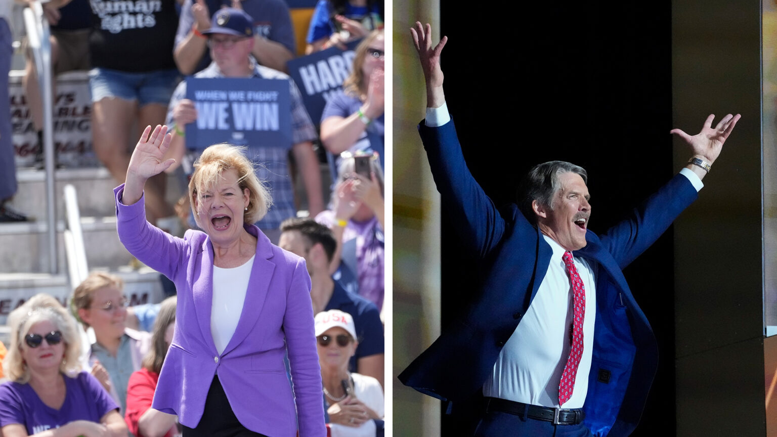 Two side-by-side photos show Tammy Baldwin shouting and raising her right hand while standing in front of a crowd of seated and standing people, as well as Eric Hovde shouting and raising both hands in the air while standing in front of an out-of-focus stage set.