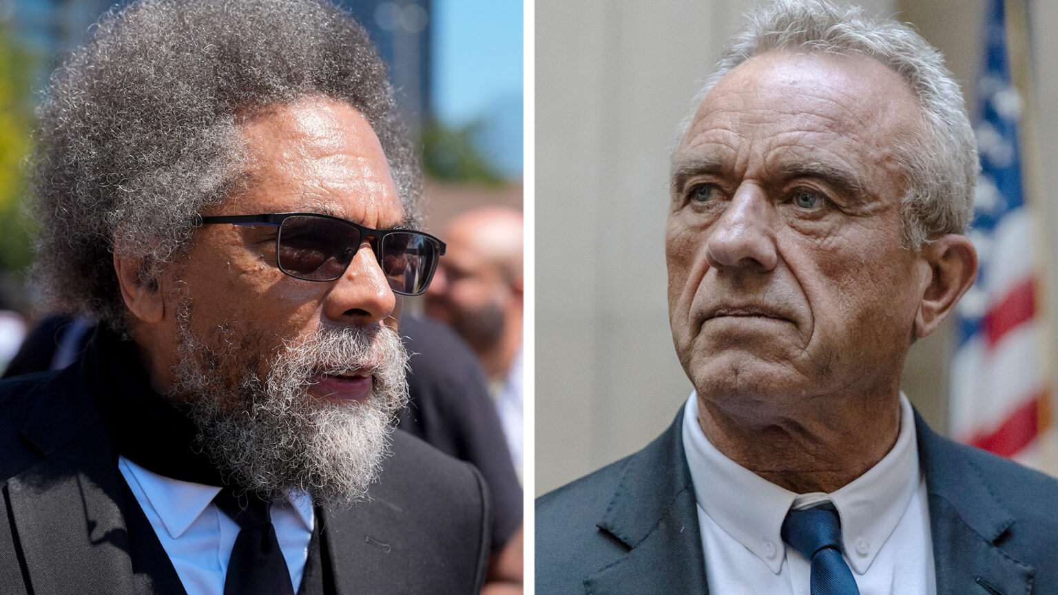 Two side-by-side photos show Cornel West standing outdoors with out-of-focus people in the background and Robert F. Kennedy Jr. standing indoors with an out-of-focus U.S. flag in the background.