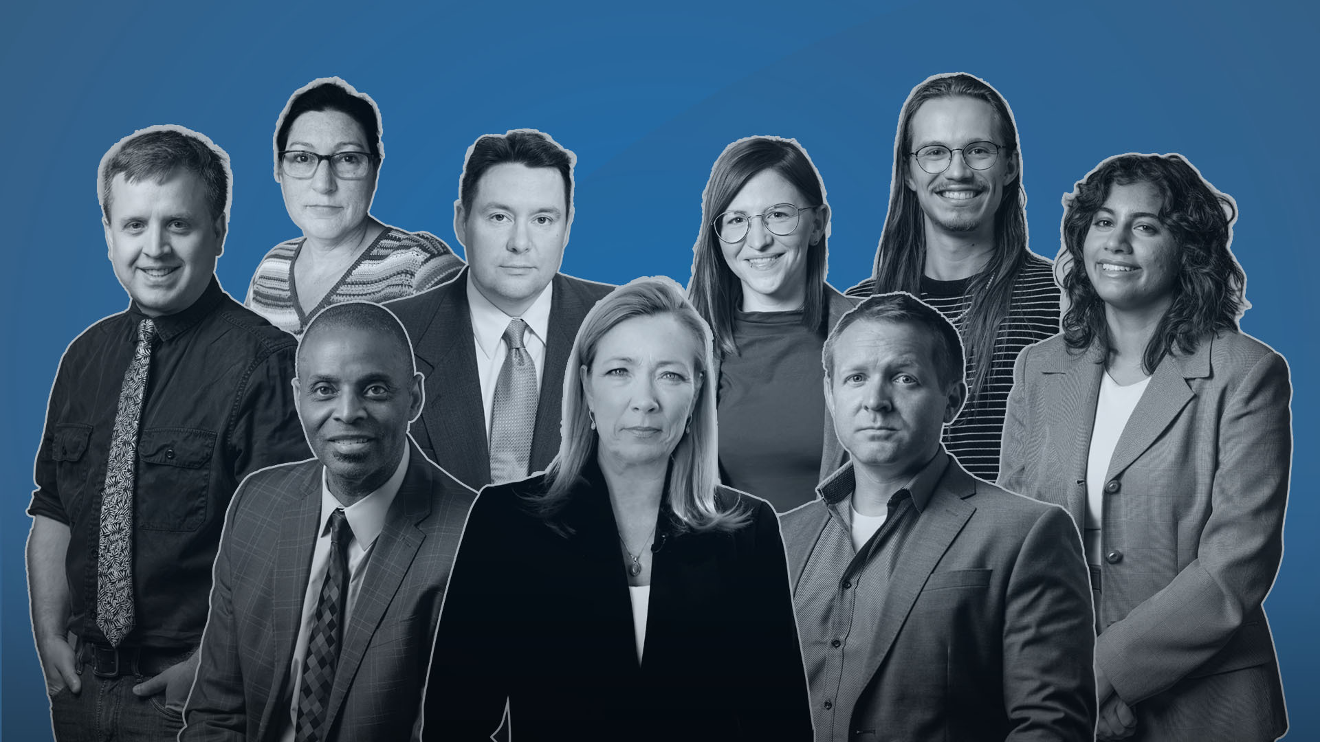 The PBS Wisconsin News team. Front row: Murv Seymour, Frederica Freyberg, Steven Potter. Back row: Kristian Knutsen, Cynthia Struye, Zac Schultz, Marisa Wojcik, Nathan Denzin, Aditi Debnath.