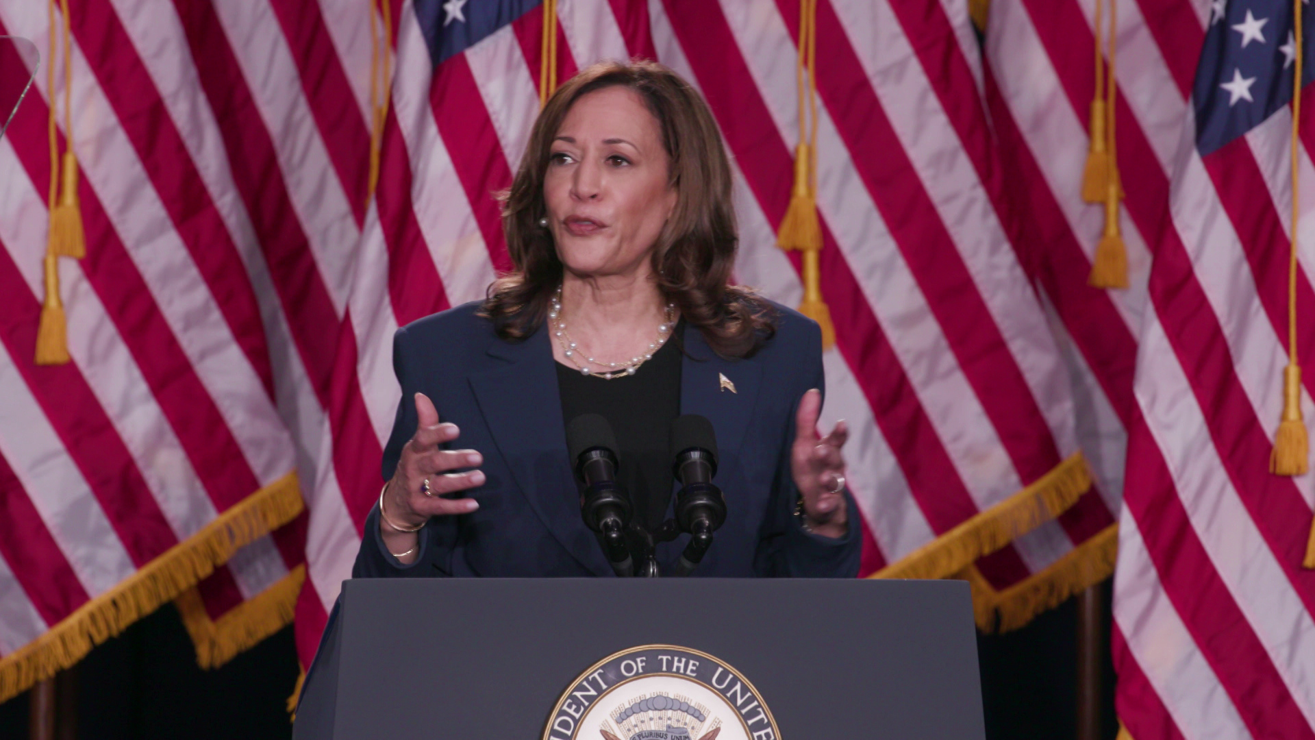 Kamala Harris stands and speaks behind a podium with two microphones and multiple U.S. flags in the background.