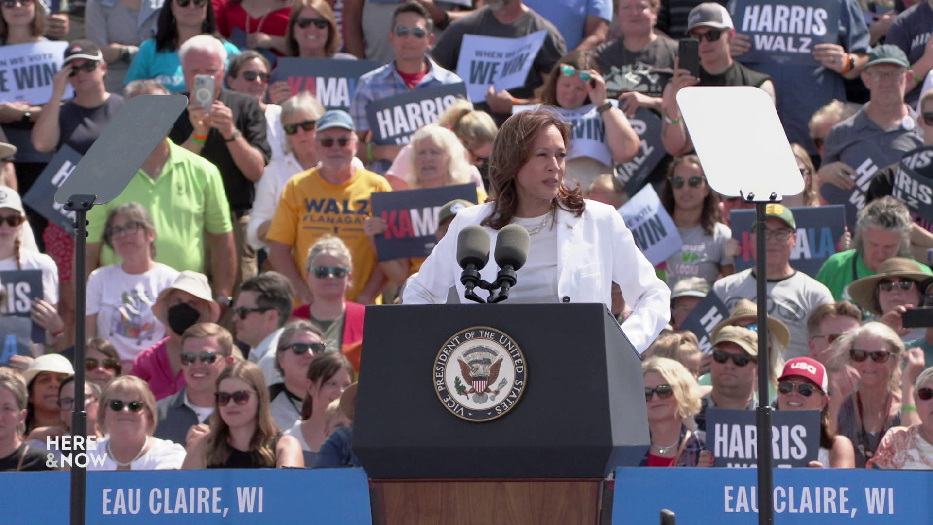 Kamala Harris stands and speaks behind a podium with microphones and teleprompter mirrors on either side and people holding signs reading 'Kamala,' 'Harris Walz' 'When We Vote We Win' standing in the background.