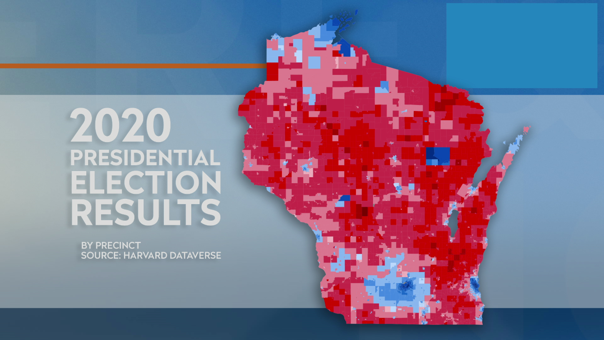 A graphic with the title "2020 Presidential Election results" and the text "By Precinct Source: Harvard Dataverse" shows a map with different shades of blue and red in different parts of Wisconsin.