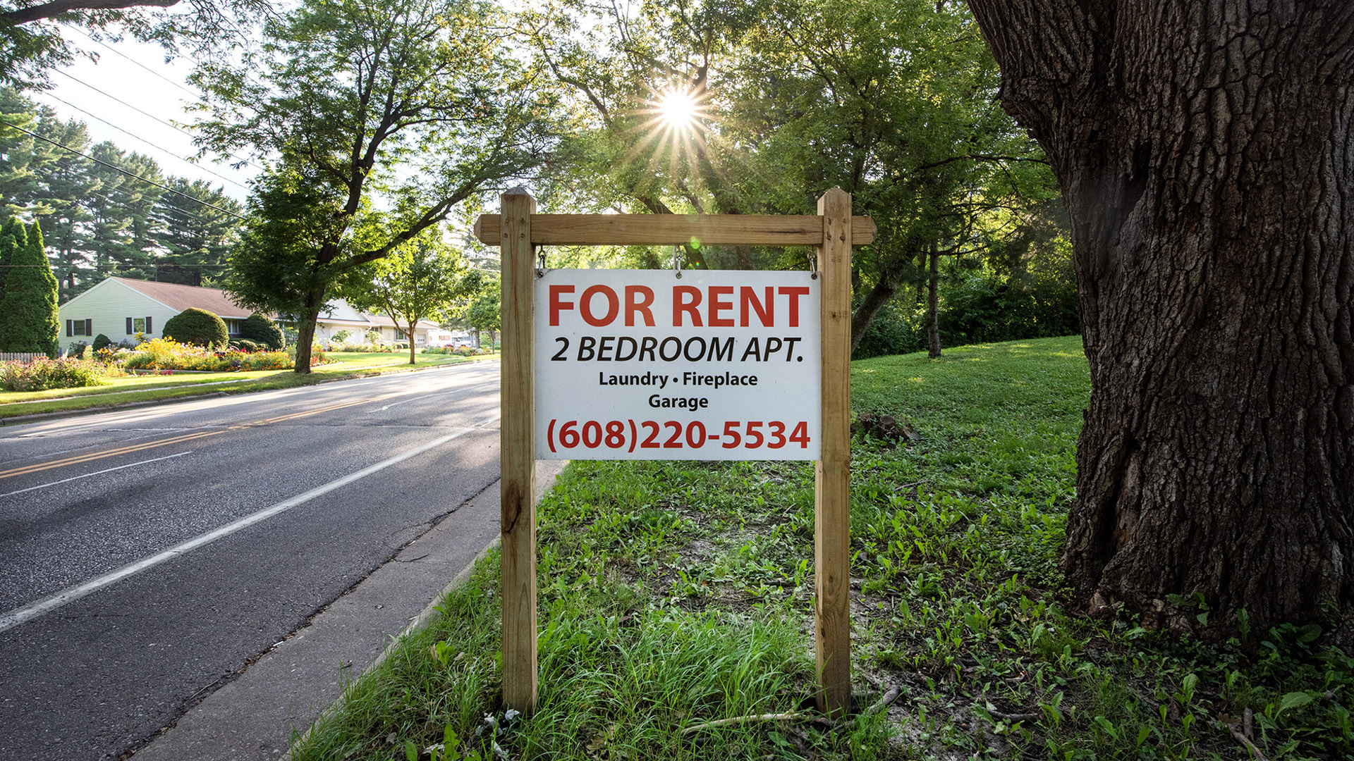 A sign with the words "For Rent," "2 Bedroom Apt.," "Laundry," "Fireplace" and "Garage" along with a phone number is mounted on a wood frame placed on a lawn between a tree and road, with a house and the sun shining through trees in the background.