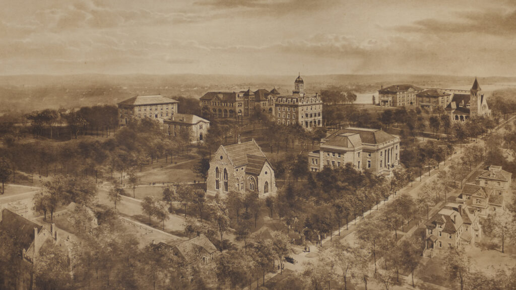 A sepia, panoramic, bird's eye view of Beloit College from the early 1900s