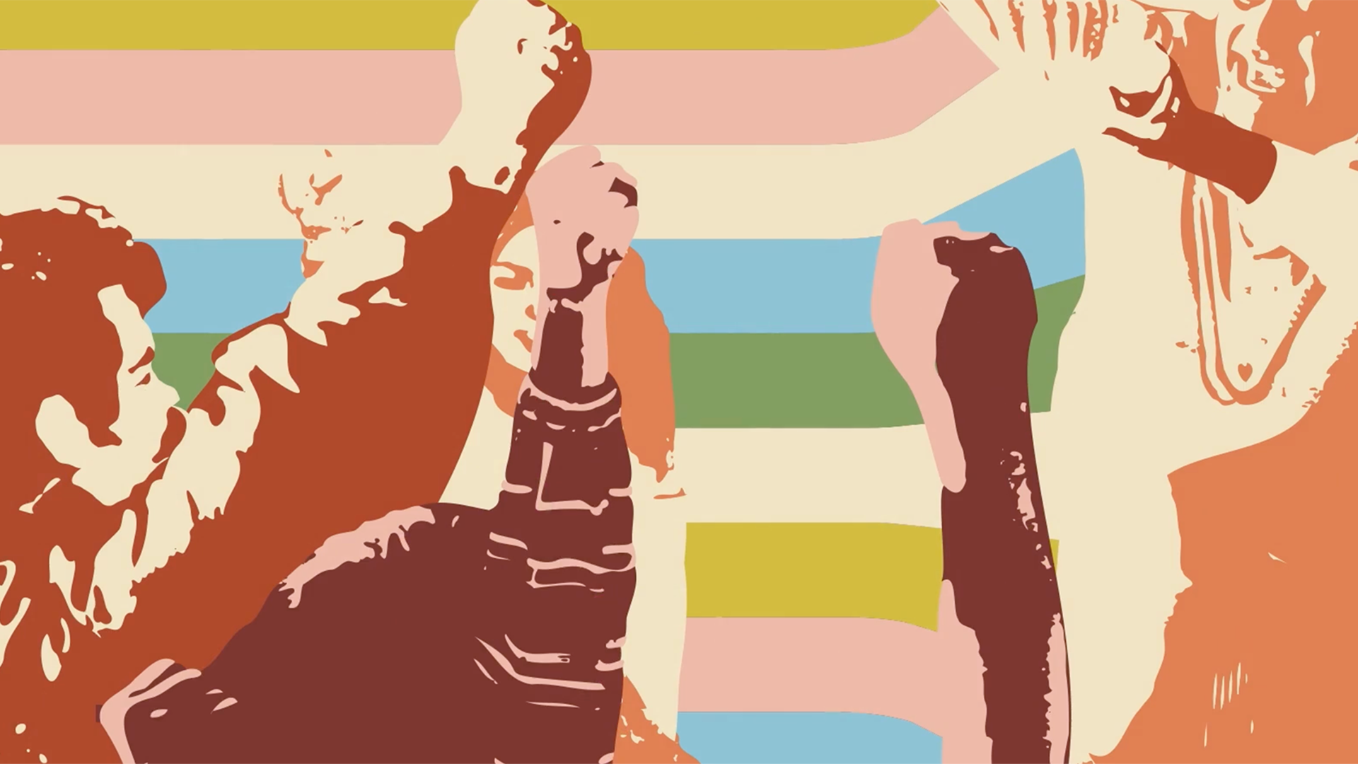 A muted rainbow color illustration of people raising solidarity fists