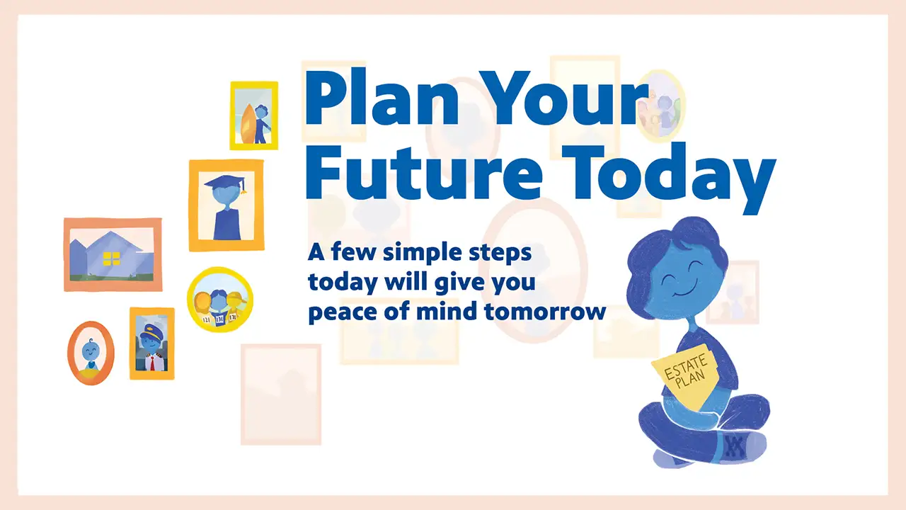 Illustration of a blue character holding an 'Estate Plan' document next to the text 'Plan Your Future Today. A few simple steps today will give you peace of mind tomorrow,' with framed pictures in the background.