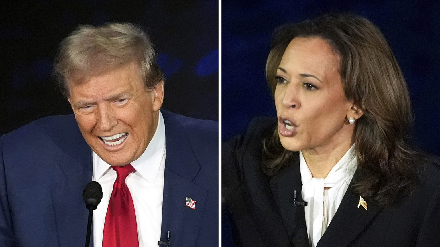 Two side-by-side photos show Donald Trump and Kamala Harris speaking.