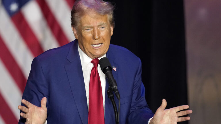 Donald Trump gestures with both hands while speaking into a microphone mounted on a stand with a U.S. flag in the background.