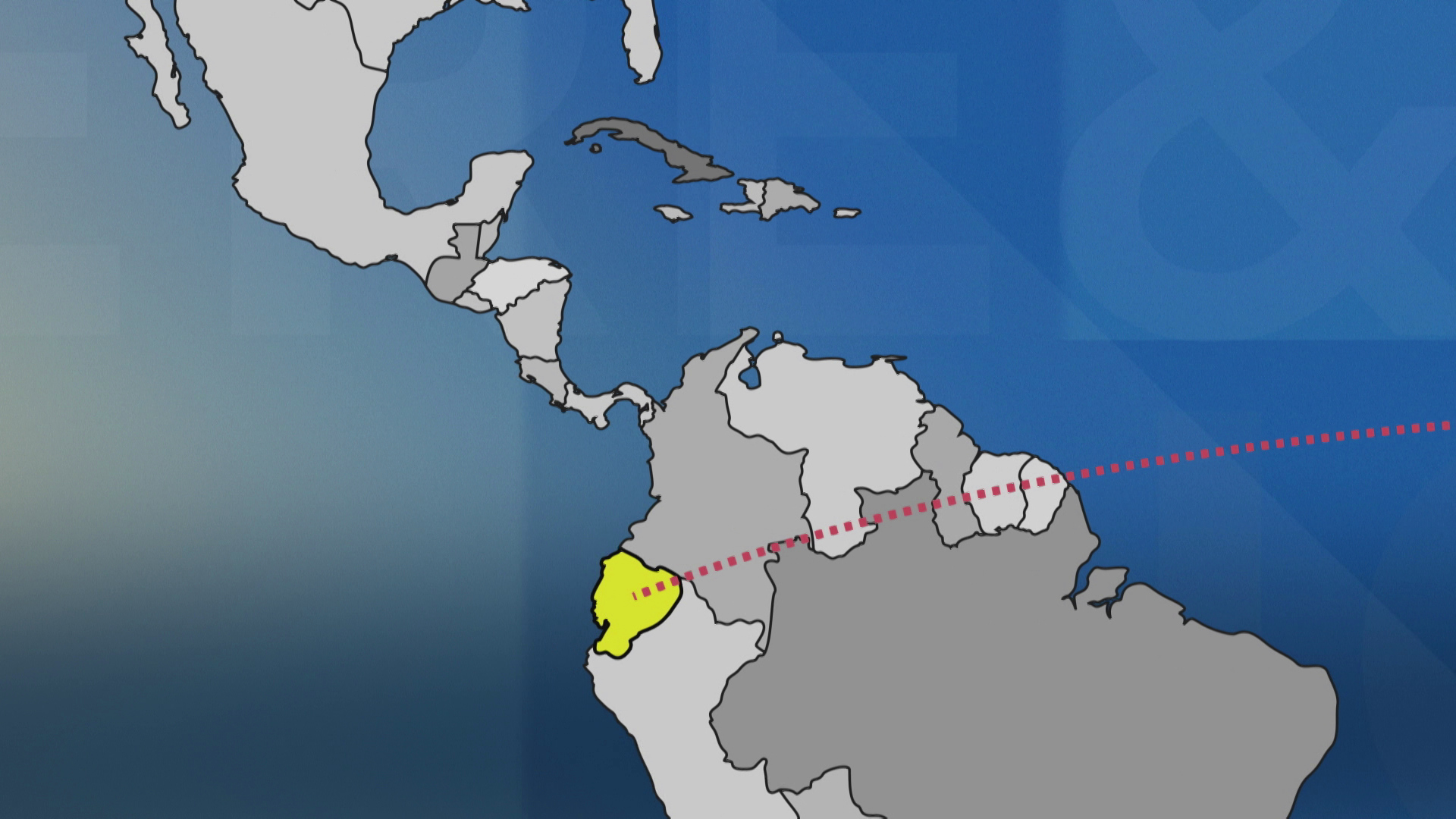 A partial map of South America and North America shows Ecuador highlighted with a dotted line coming from the east over the Atlantic Ocean.