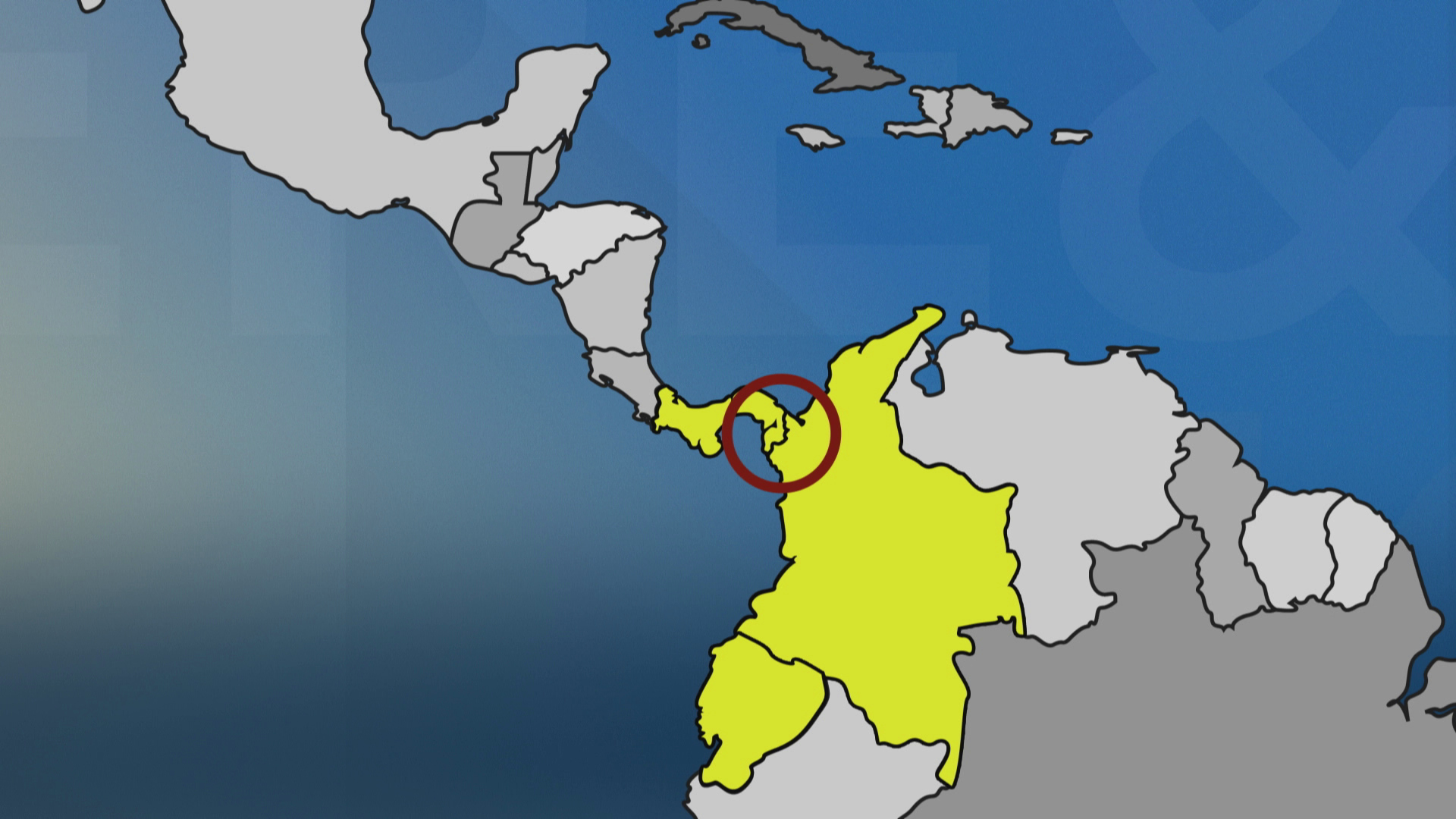 A partial map of South American and Central America shows Ecuador, Colombia and Panama highlighted with a circle around the Darien Gap at the Colombia-Panama border.