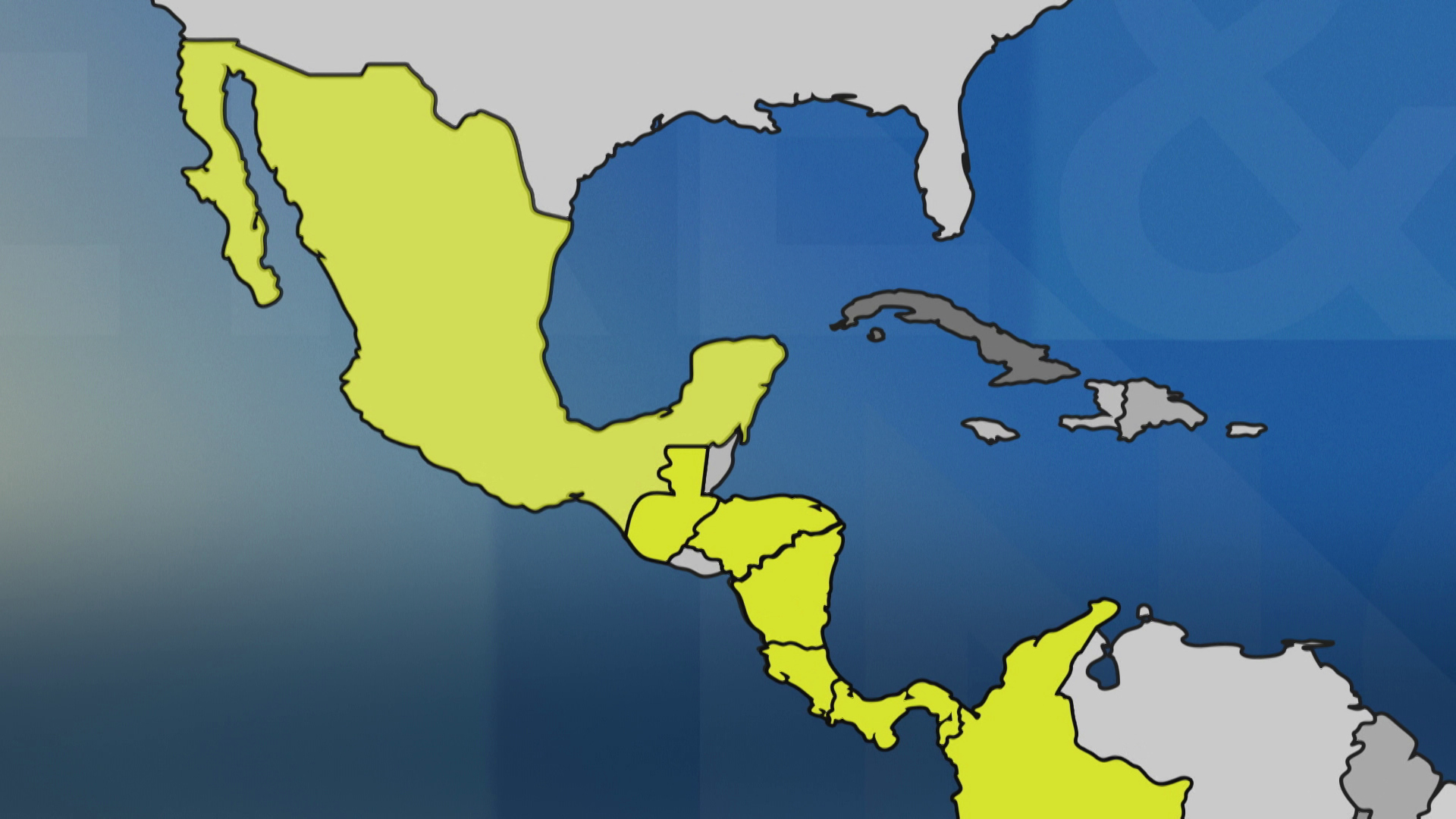 A partial map of North and South America shows Colombia, Panama, Costa Rica, Nicaragua, Honduras, Guatemala, and Mexico highlighted.