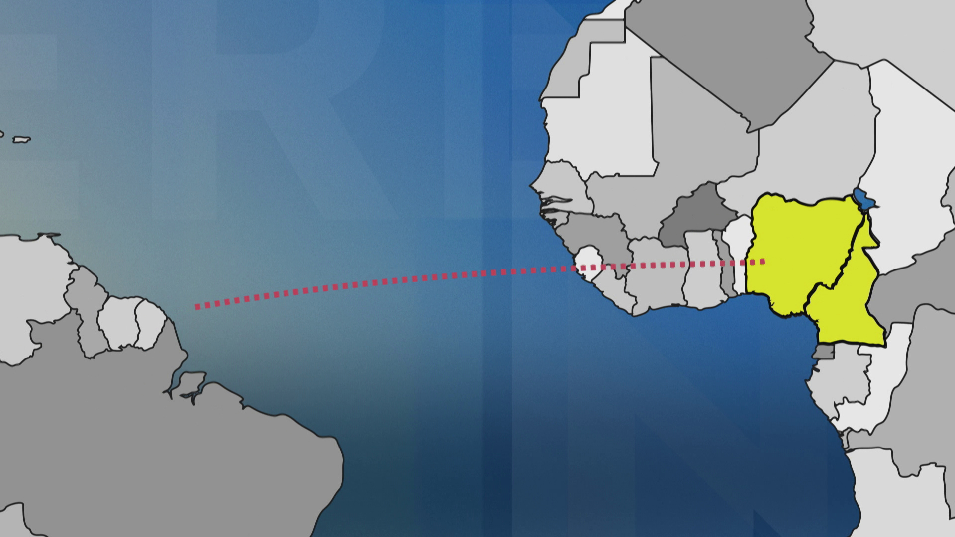 A partial map of South America and Africa shows Cameroon and Nigeria highlighted with a dotted line heading west from Nigeria to South America.