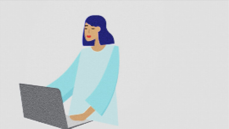 An illustration shows a pixelated graphic of a person standing with their hands on the keyboard of a laptop computer.