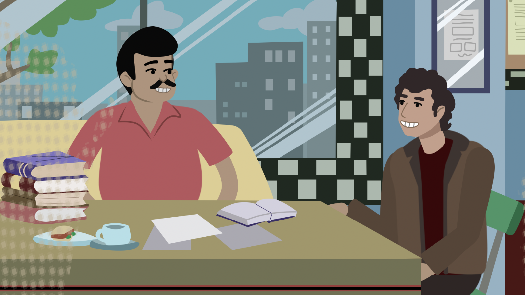 Illustration of two men sitting at a table together.