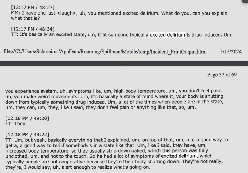 Portions of two pages of a document dated May 15, 2024 show a transcript with the words "excited delirium" highlighted.