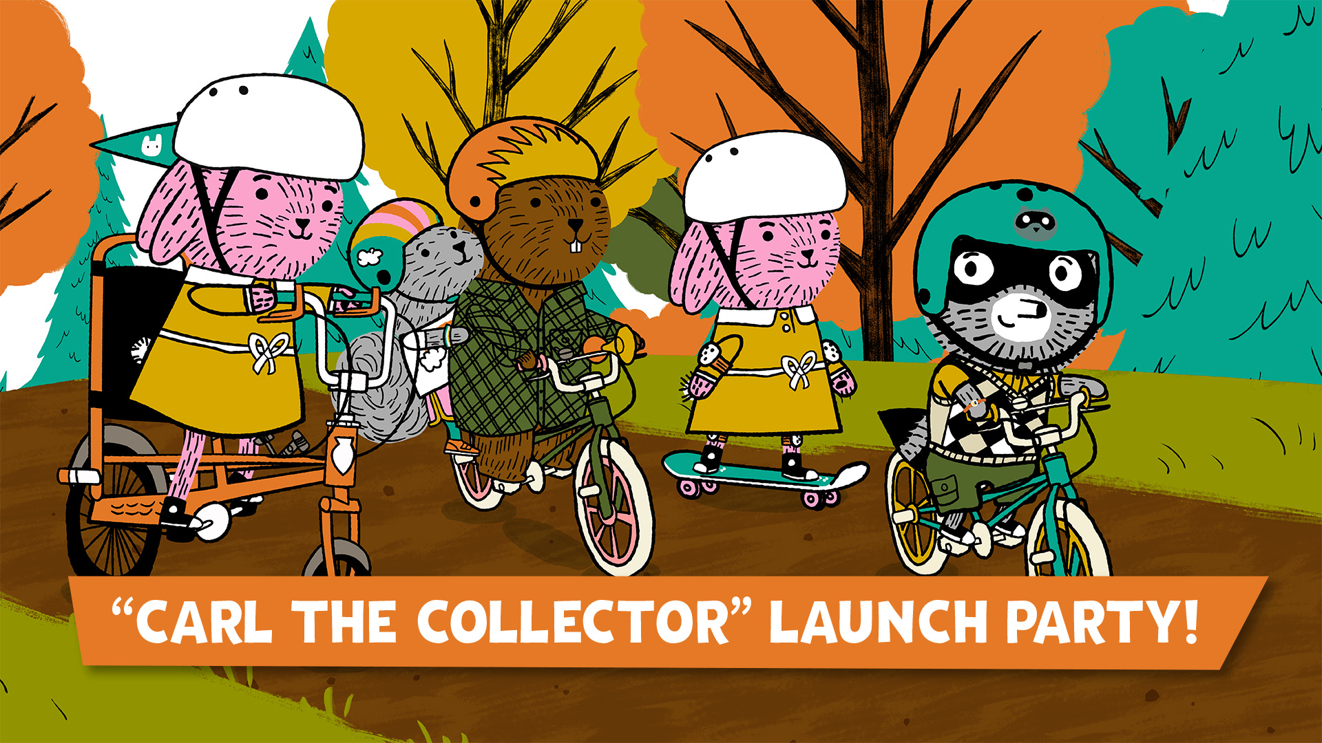 An illustration of the animated characters from the new PBS KIDS series, Carl the Collector, ride bikes and skateboards on a tree-lined path. They are all wearing bike helmets.