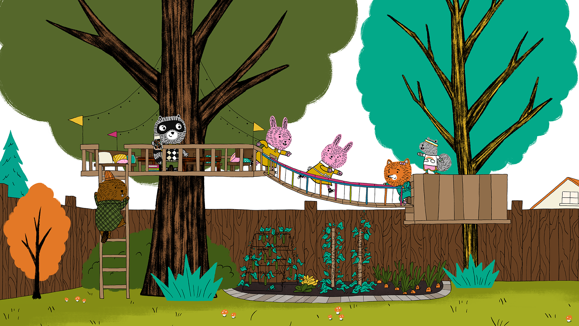 Animated bunnies, a squirrel, raccoon and other animals play on a bridge suspended between two trees.