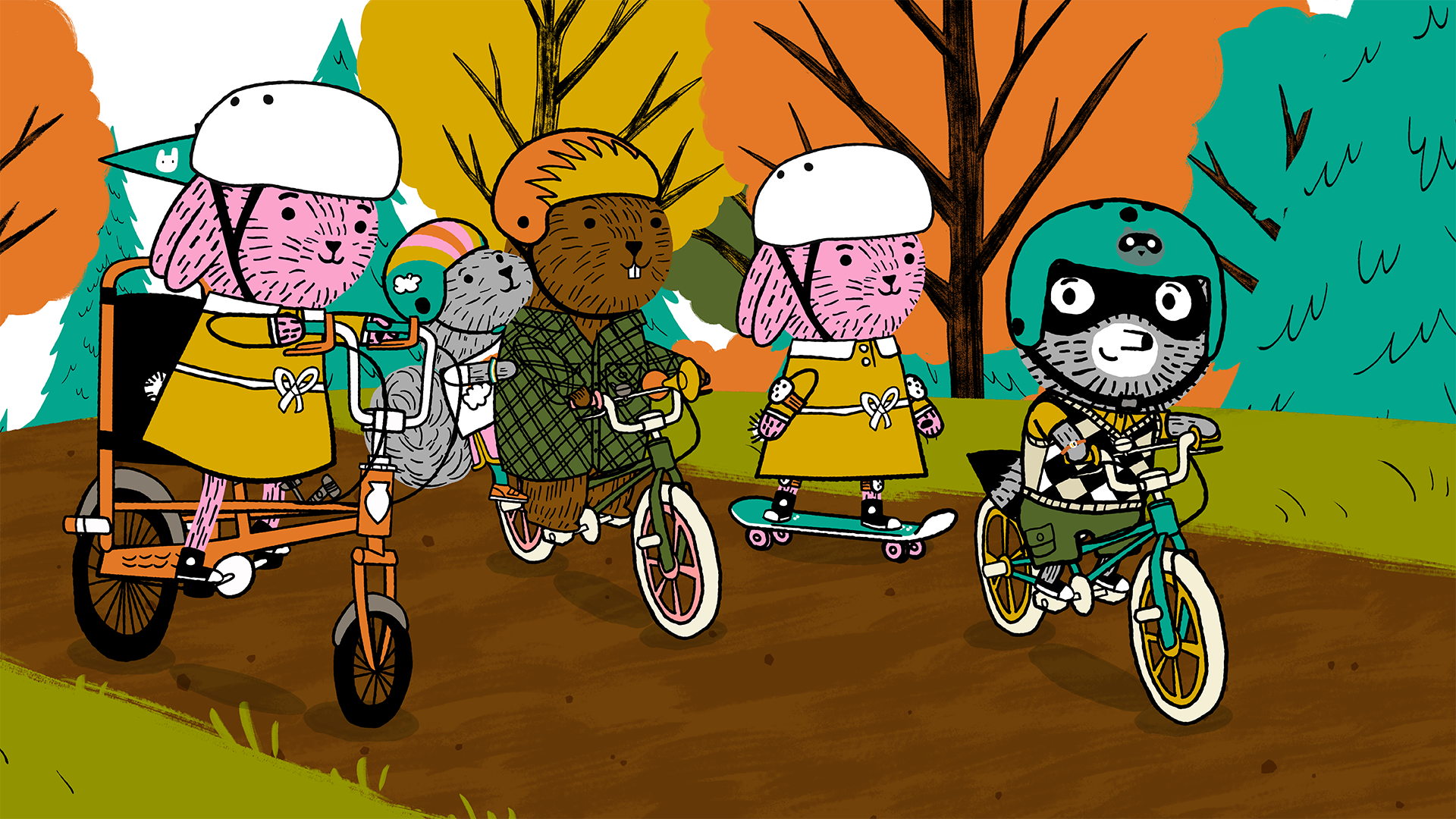 A collection of cartoon animals wear helmets and ride bikes.