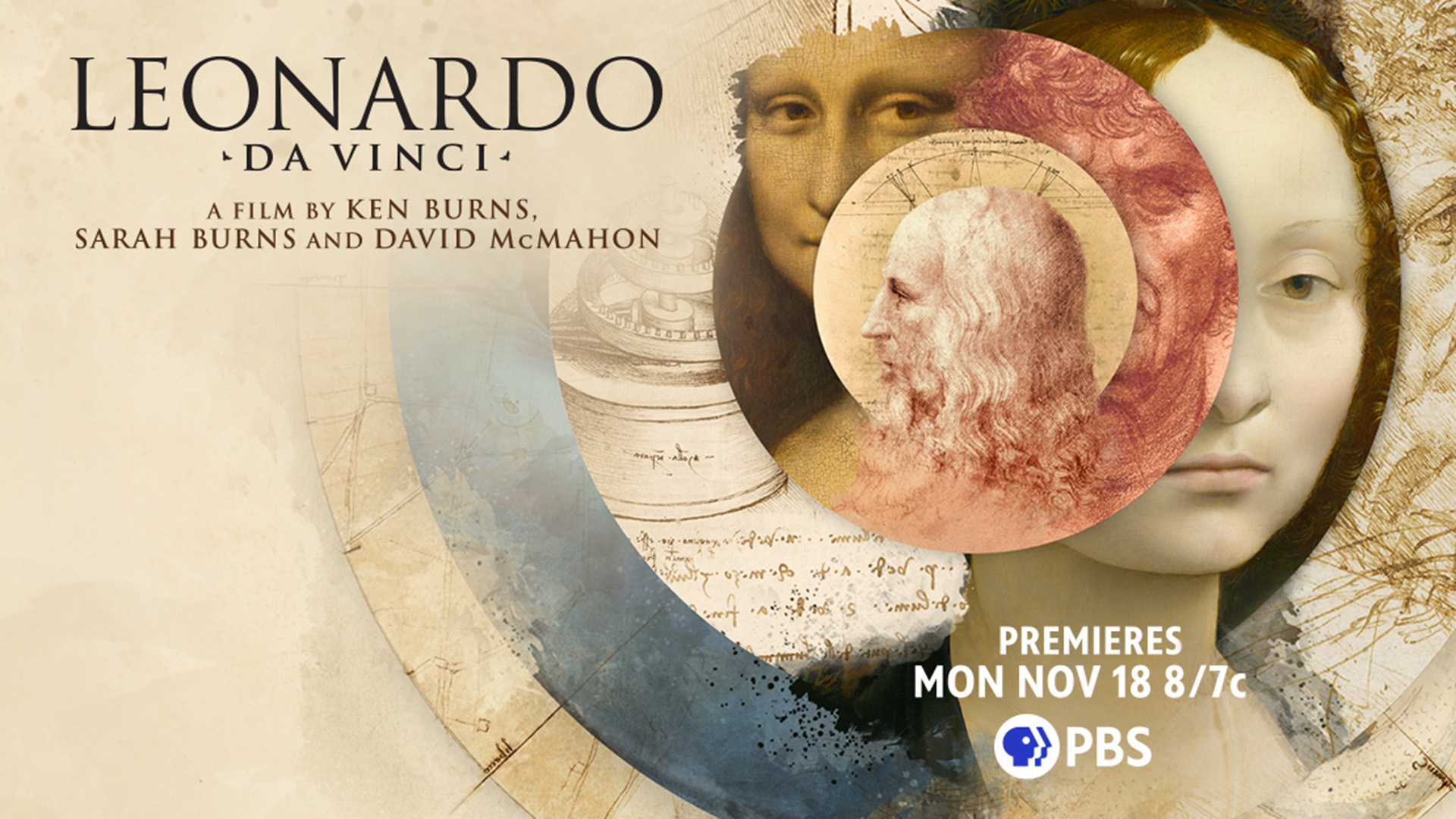 Composition of Leonardo da Vinci artworks with the title treatment Leonardo da Vinci a film by Ken Burns, Sarah Burns and David McMahon.