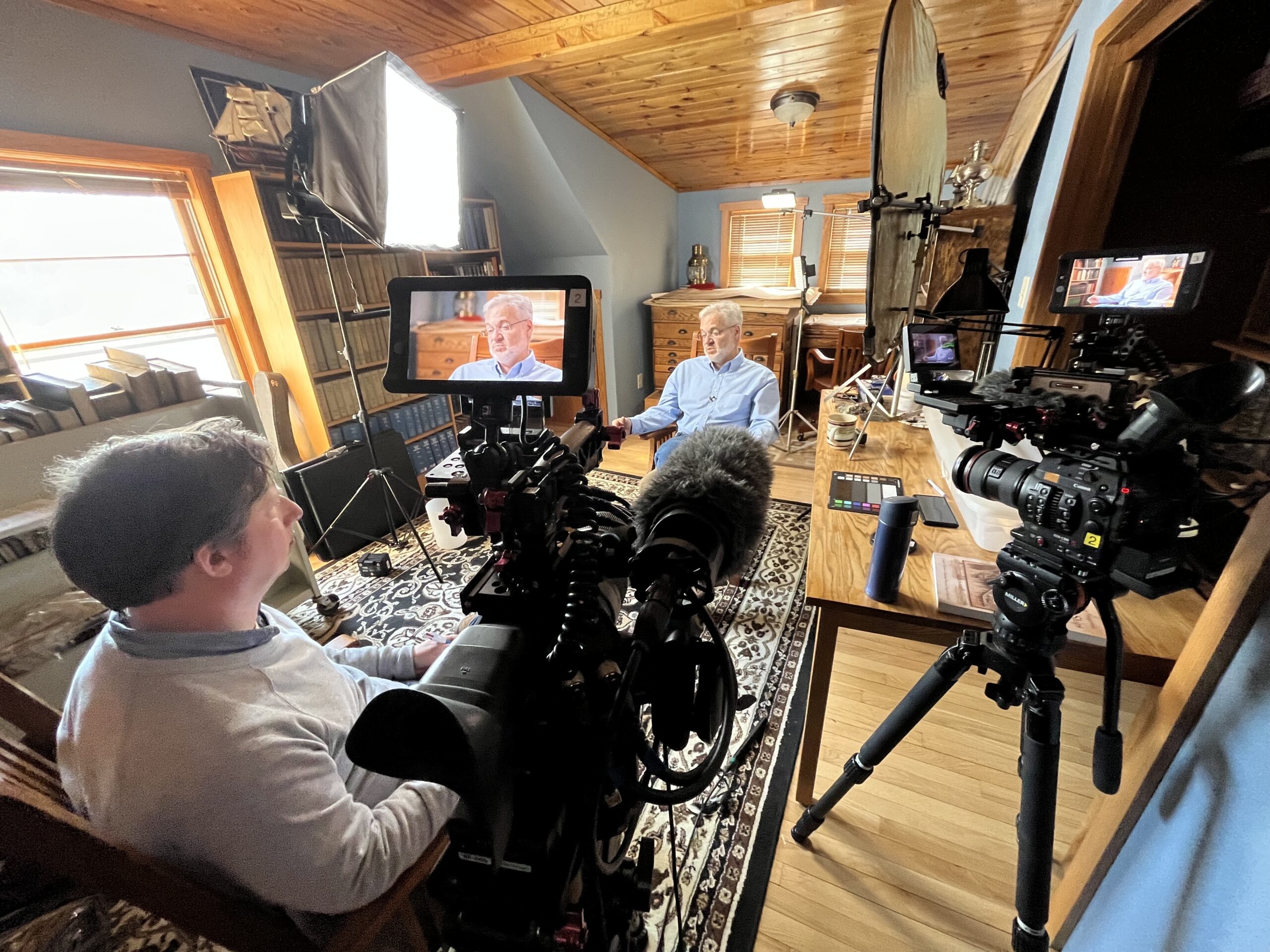 PBS Wisconsin producer Jeff Pfeiffer (left) interviews Brendon Baillod, a Great Lakes maritime historian.