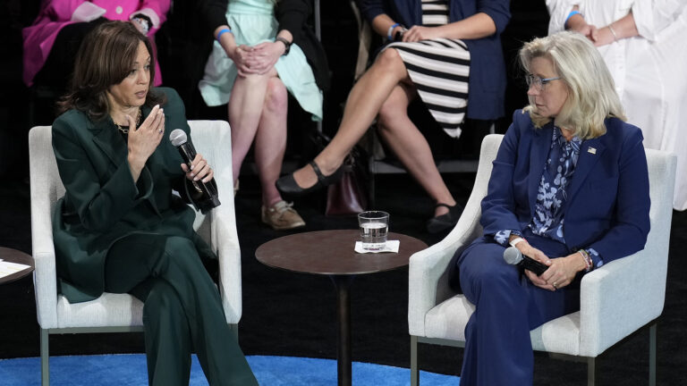 Kamala Harris sits in an upholstered arm chair with metal legs and speaks while holding a wireless microphone in her left hand and gesturing with her right hand, facing Liz Cheney who is seated in an identical chair and is holding a wireless microphone in her hands on her lap, with a round-topped wood end table with a glass of water on a napkin on its surface between them and other people seated in the background.