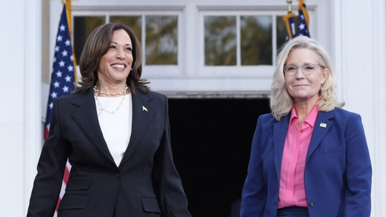 Kamala Harris and Liz Cheney smile while standing next to each other in front of two U.S. flags standing on poles in front of a window and door frame of a building.