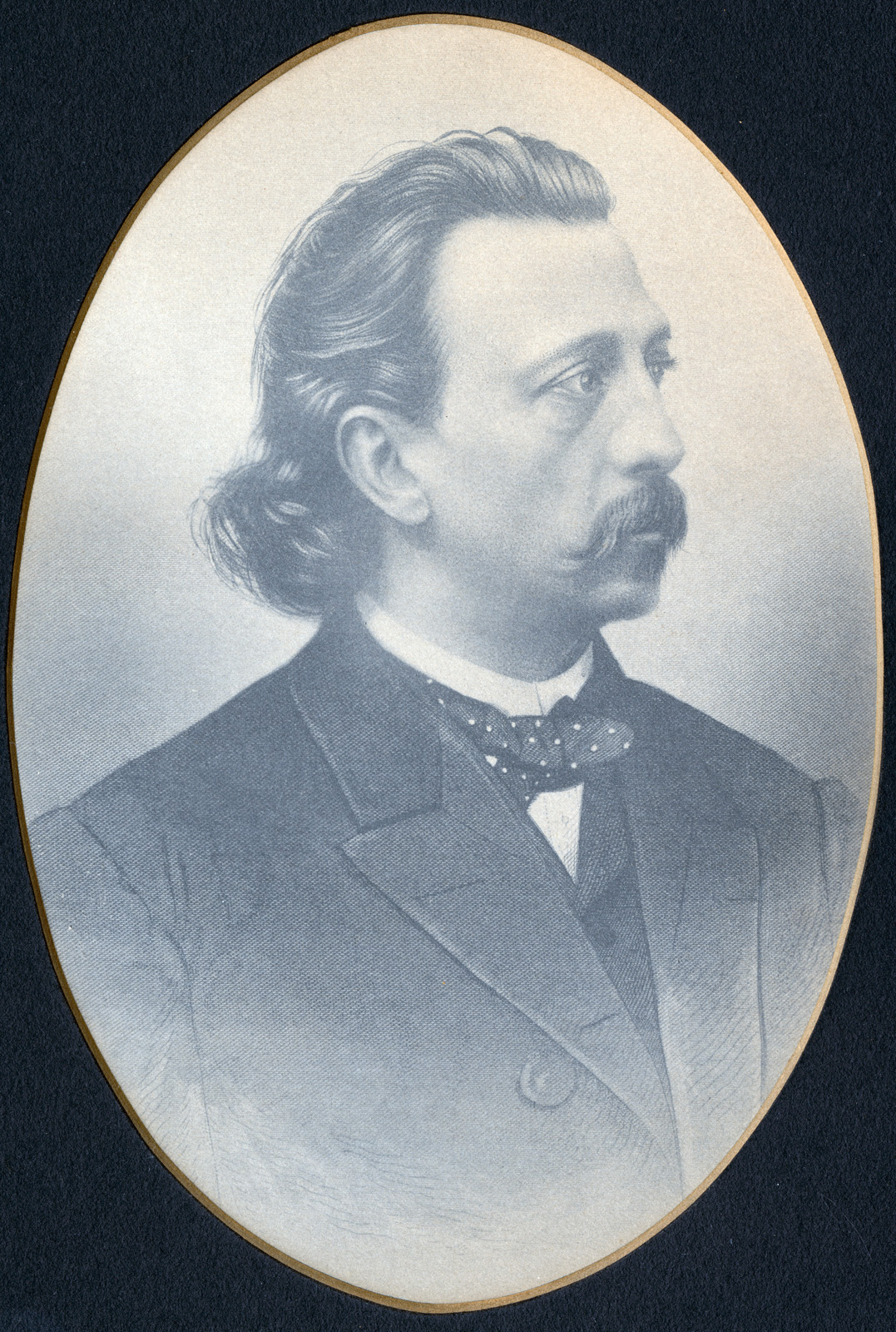 A print shows a portrait of Edward Salomon in profile within an oval matte.