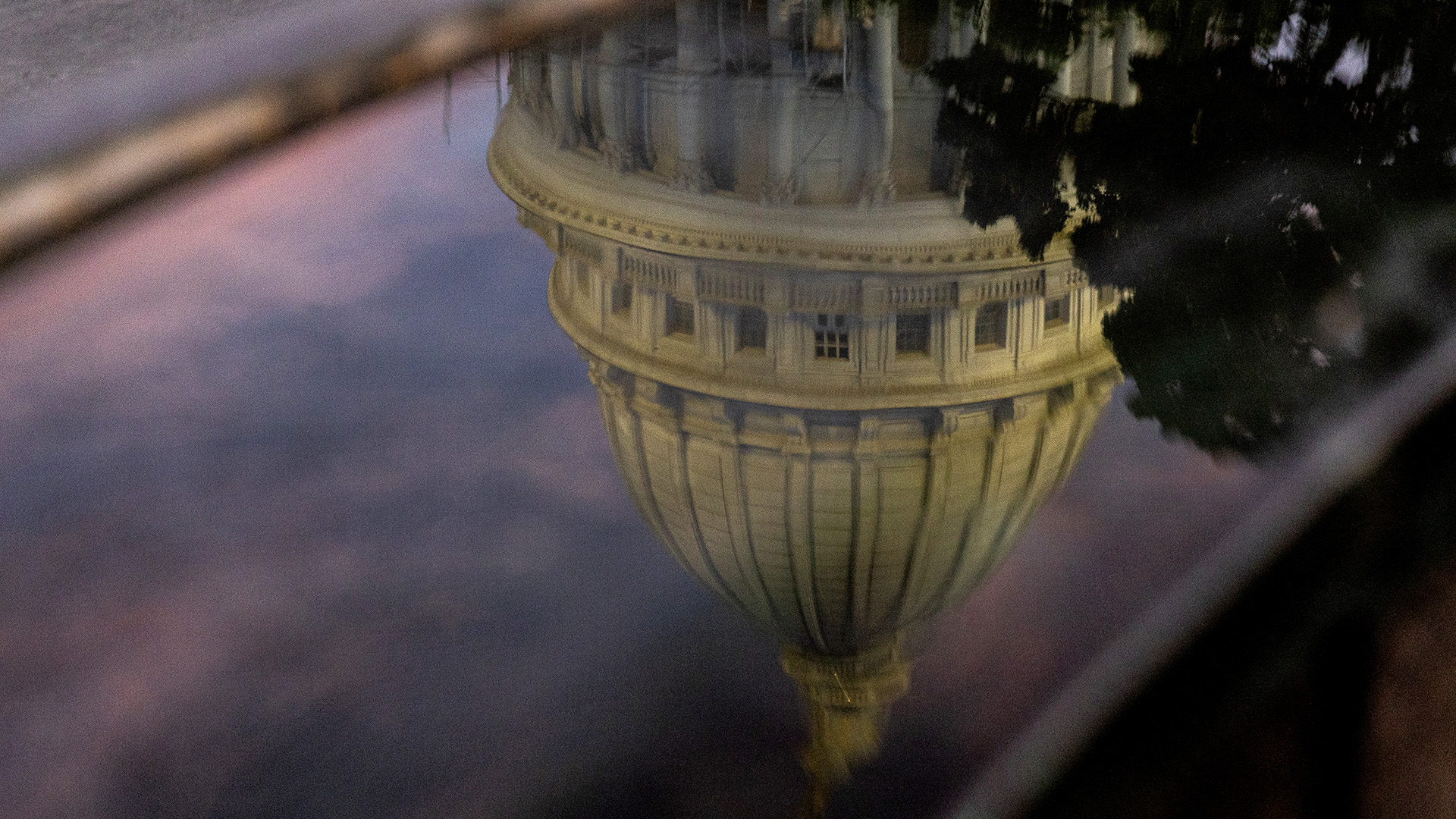 The dome of a marble masonry building and a large deciduous tree are seen reflected in the calm surface water of a portion of a fountain.