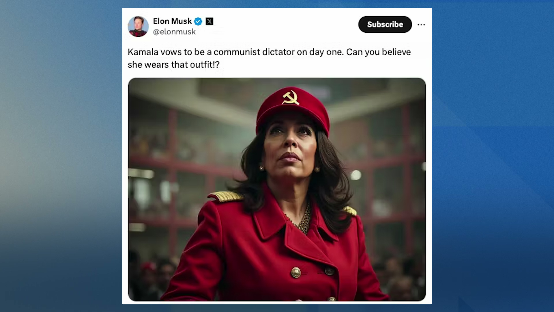 A screenshot of a post to X by @elonmusk with the text "Kamala vows to be a communist dictator on day one. Can you believe she wears that outfit!?" shows an AI generated image of a person depicted as Kamala Harris, wearing a jacket with epaulettes and a hat with the Soviet hammer and sickle logo.