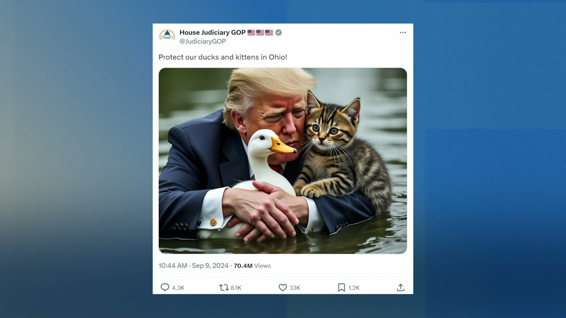 A screenshot of a post to X by @JudiciaryGOP shows an AI generated image of a person depicted as Donald Trump holding a cat and duck while chest-deep in water, with text below the image reading "10:44 AM • Sep 9, 2024 • 70.4M views."