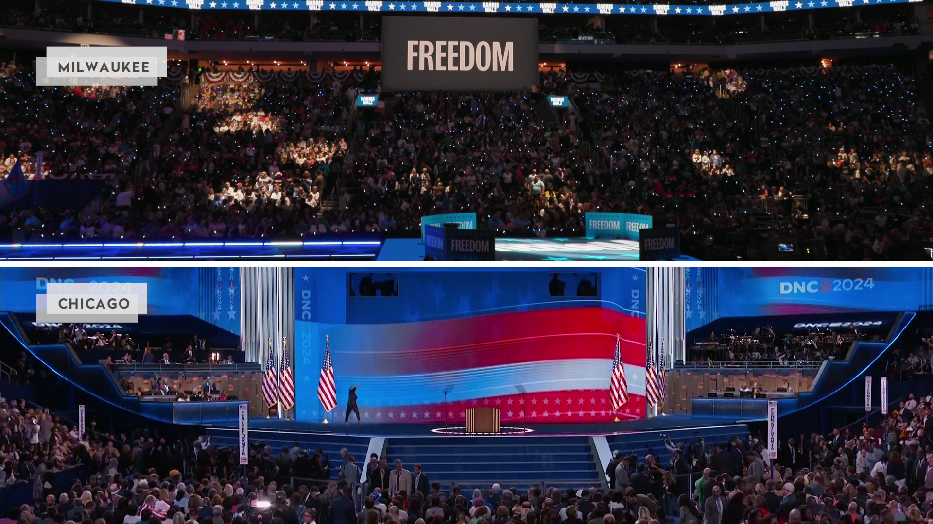 A split screen shows two arenas with crowds of people, with a graphic for the top image above reading "Milwaukee" and a graphic for the below image reading "Chicago."