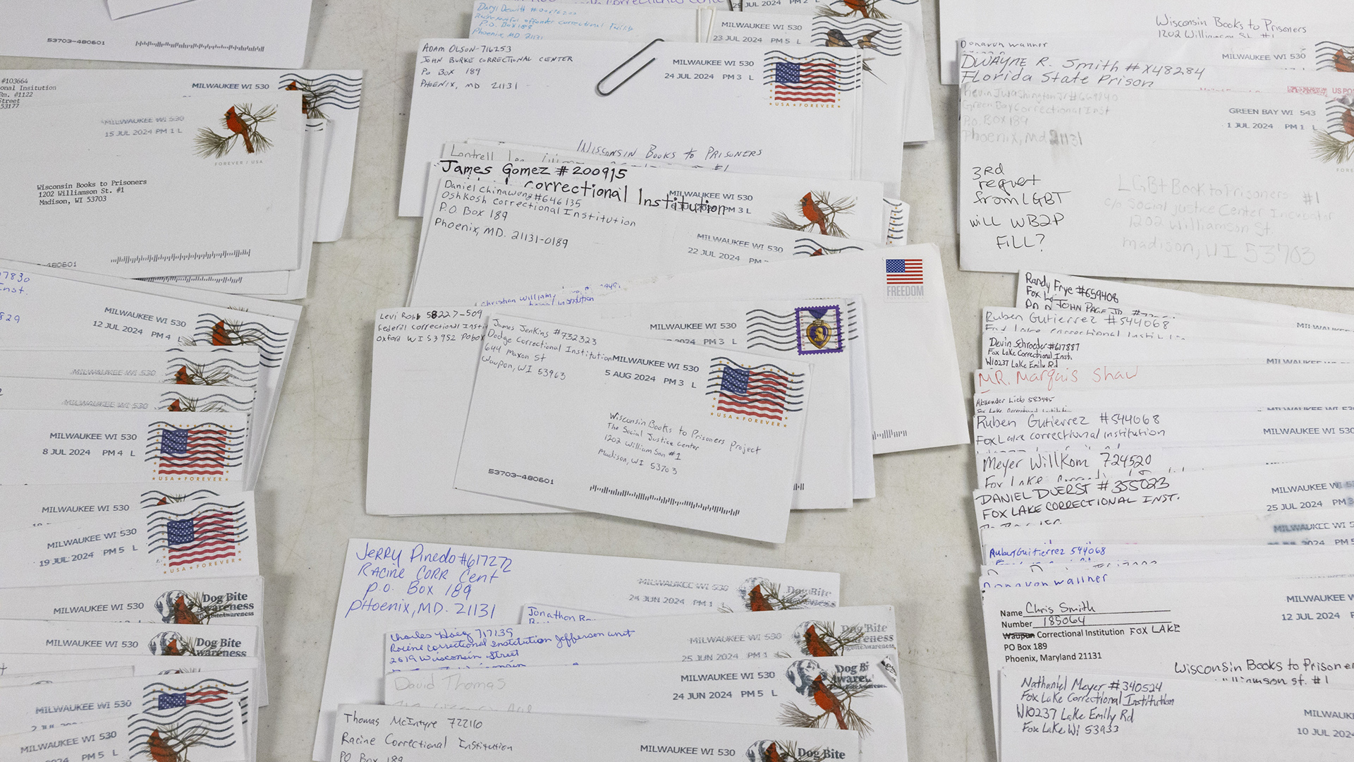 Stamped and postmarked letter sent to Wisconsin Books to Prisoners and with return addresses of different state prisons around Wisconsin are arranged in three columns on the surface of a table.